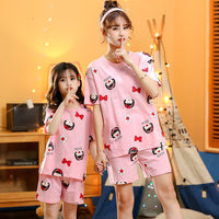 Kids' Cotton Short Sleeve Pajama Set, Thin Summer Cartoon Print Mother-Daughter Matching Homewear
