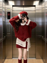 Women's Red Knit Sweater Three-Piece Set with Skirt for New Year Celebrations