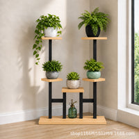 Multi-tier Indoor/Outdoor Plant Stand for Balcony and Garden, Metal Frame with Wood Grain Shelves