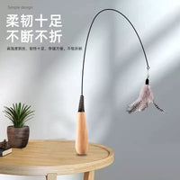 CFA-Grade Cat Teaser Wand with Replaceable Feather and Bell Heads, Wooden Handle