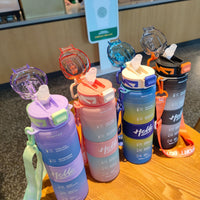 1000ml Gradient Color Water Bottle with Straw and Strap, Portable Plastic Drink Bottle for Students