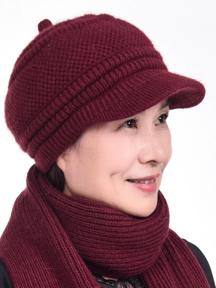 Women's Winter Knitted Rabbit Fur Hat and Scarf Set for Elderly, Warm Fleece Lined Beanie for Seniors
