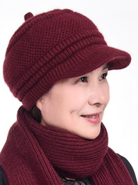 Women's Winter Knitted Rabbit Fur Hat and Scarf Set for Elderly, Warm Fleece Lined Beanie for Seniors