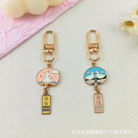 Japanese Fan Keychain with Tassel and Animal Charm, Blessing Message Pendant for Bags