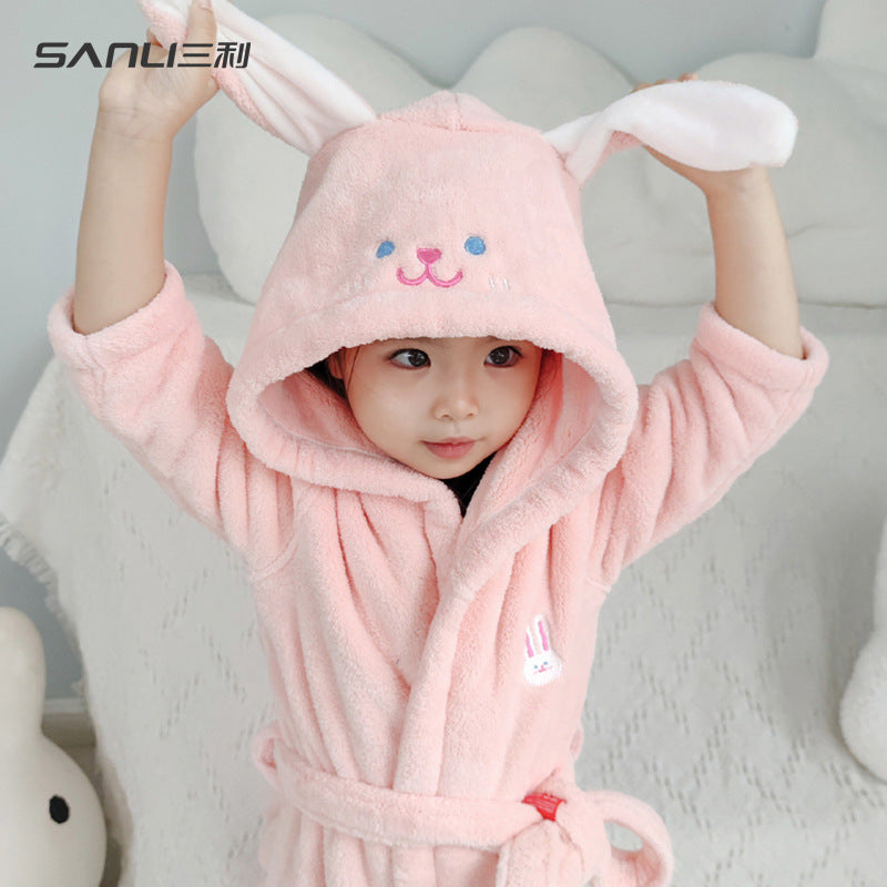 Sanli Kids Hooded Coral Fleece Bathrobe Cartoon Sleepwear for Boys and Girls