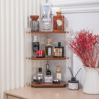 Acrylic Cosmetic Storage Corner Shelf with Wooden Base, Multi-layer Wall-Mounted Organizer for Bathroom and Vanity