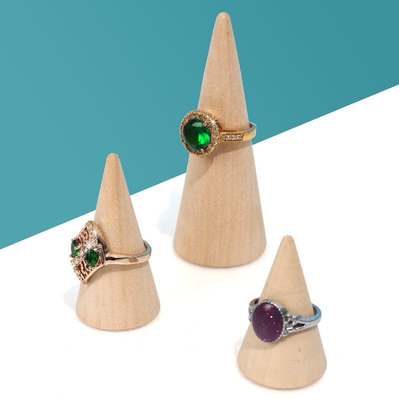 Creative Cone Ring Display Stand with Solid Wood Base for Jewelry Exhibition