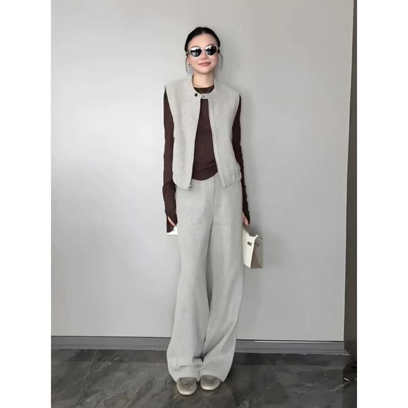 Women's Korean Style Wool Blend Vest and Wide-Leg Pants Set