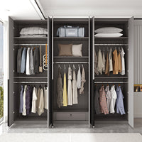 Minimalist Wardrobe Bedroom Home Gray Finished Combination Hanging Area Multi-Hinged Door Armoire Solid Wood Particle Board
