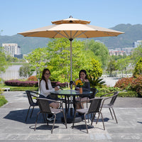 Outdoor Patio Wicker Dining Set with Umbrella, Carbon Steel Frame Table and Chairs