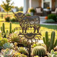Vintage Highland Cow Floral Garden Metal Floor Sign Outdoor Decor