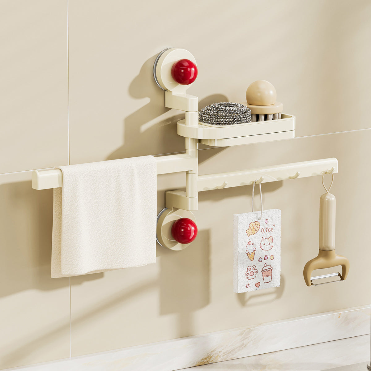 Suction Cup Kitchen Sink Caddy Sponge Holder with Towel Bar, Wall Mounted No-Drill Rotatable Drain Rack
