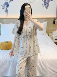 Women's Cotton Blend Short Sleeve Pajama Set with Long Pants, Princess Style, Anti-Bump Design