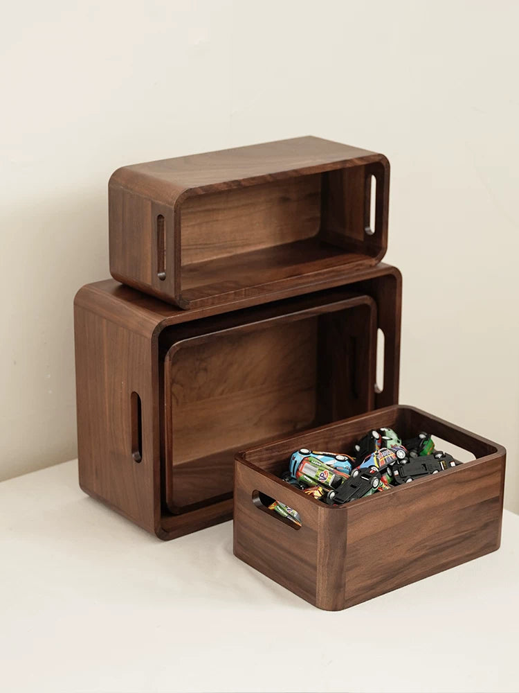 Solid Wood Storage Basket with Handle, Desktop Organizer Bin, Open-Top Wooden Storage Box