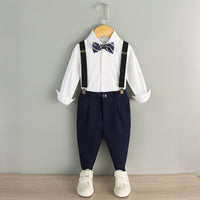 Boys' Formal Performance Outfit Set with White Shirt, Black Pants, Bow Tie, and Suspenders