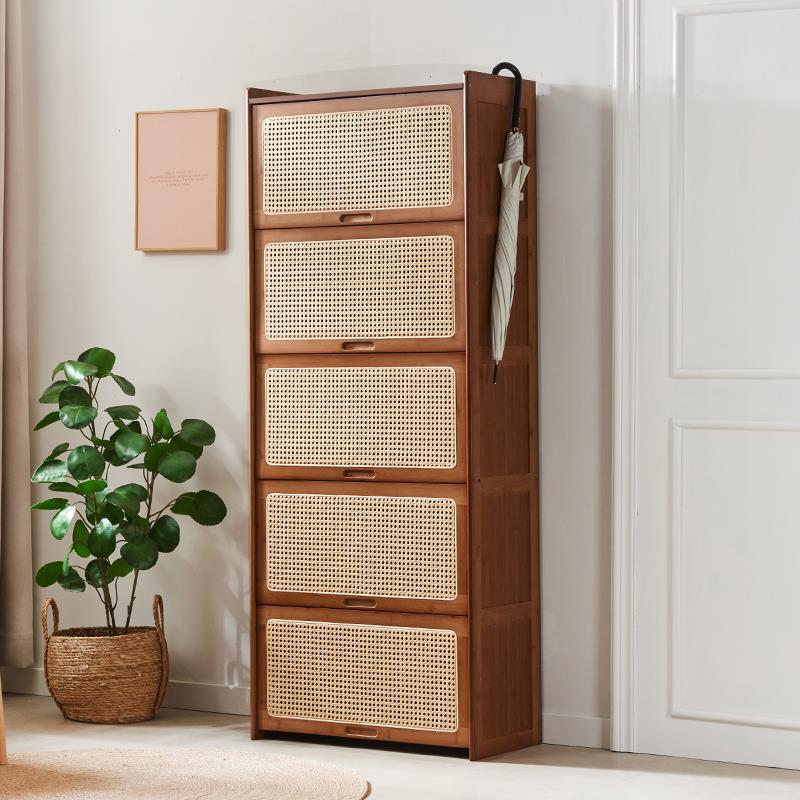Rattan Woven Shoe Cabinet for Entryway Balcony, Solid Bamboo Wood Space-Saving Dustproof Storage Rack