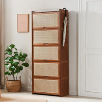 Rattan Woven Shoe Cabinet for Entryway Balcony, Solid Bamboo Wood Space-Saving Dustproof Storage Rack