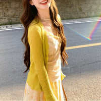 Korean Style Yellow Lace Floral Sundress with Cardigan Set for Spring/Summer