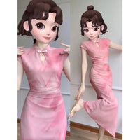 New Chinese Style Pink Cheongsam Dress for Women, Summer Slim Fit Qipao with Disc Buckle