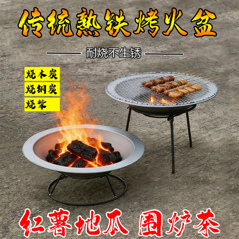 Outdoor Fire Pit BBQ Grill Brazier with Pot Rack for Camping Patio Heating