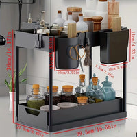 Pull-Out 2-Tier Kitchen Countertop Storage Rack with Hooks and Chopstick Holders
