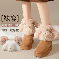 Cute Cartoon Dog Plush Thermal Slipper Socks for Women, Thickened Fleece Lined Winter Home Knee High Foot Covers