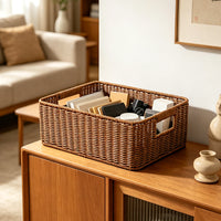 Handwoven Rattan Storage Basket with Iron Frame for Home and Office Organization