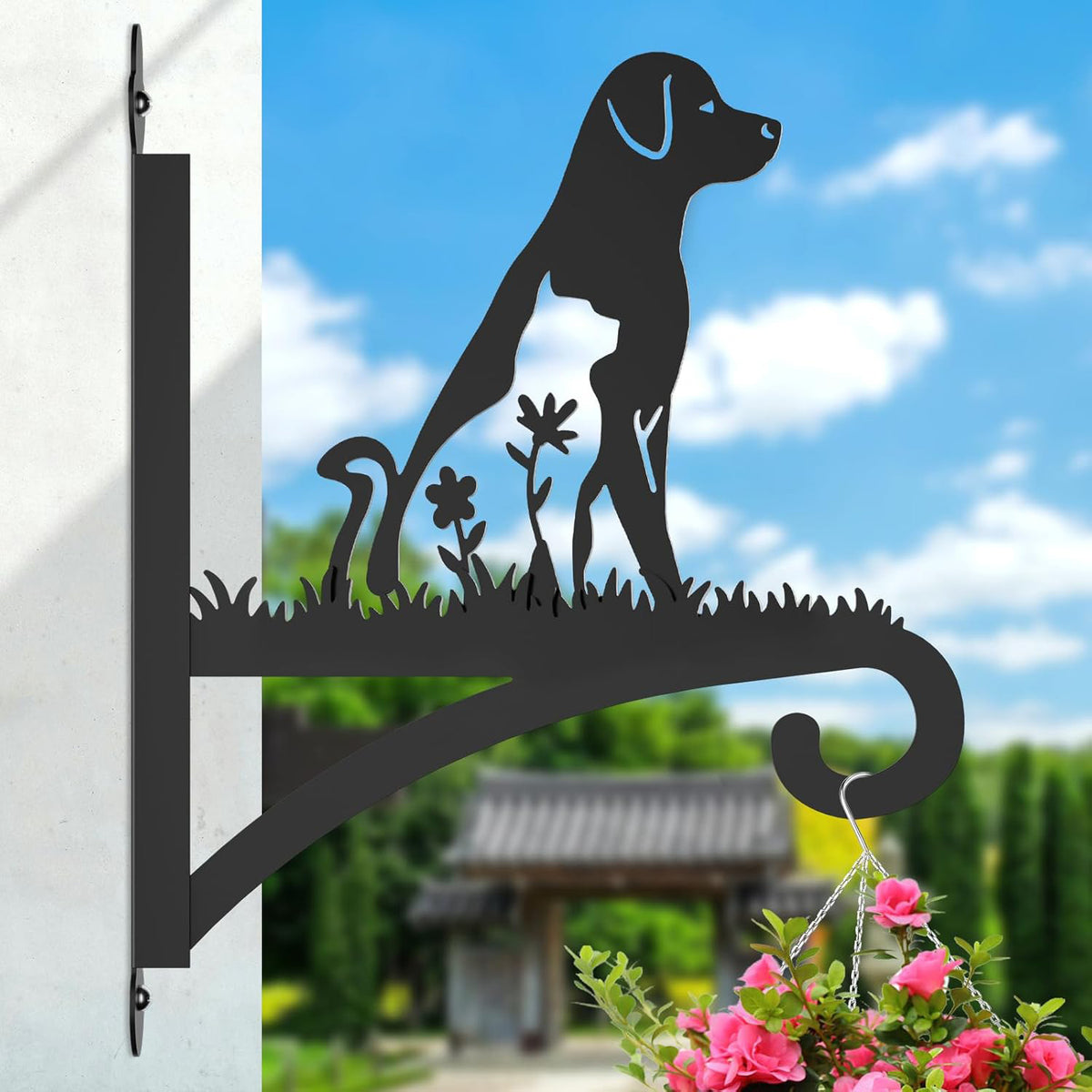 Outdoor Wall-Mounted Plant Hanger for Bird Feeders, Lanterns, and Flower Pots - Black Metal