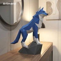 DIY 3D Paper Wolf Model Kit with Rock Base, Handmade Origami Animal Craft for Home Decor