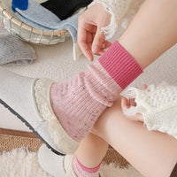 Thickened Contrast Color Warm Fleece Dotted Yarn Mid-Calf Socks for Women, Japanese Style Wool Blend, Versatile Autumn/Winter Korean Insulated