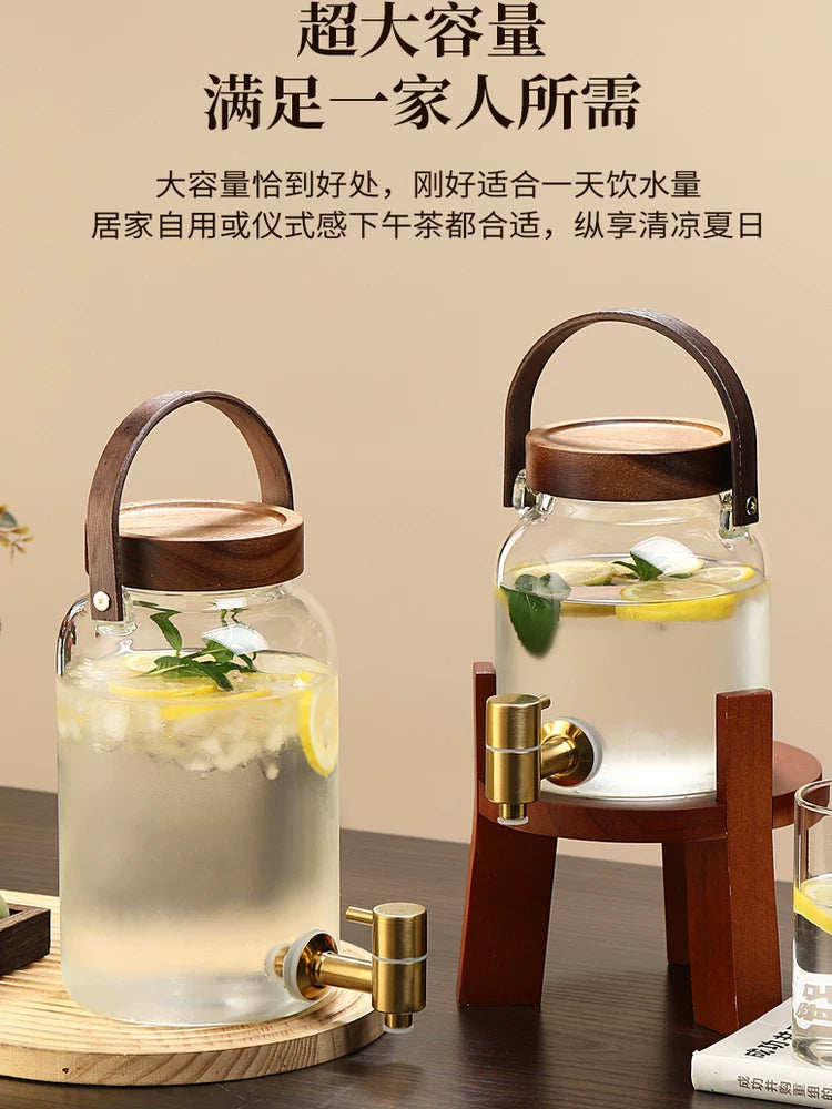Cold Water Pitcher with Faucet, High Temperature Resistant Glass Beverage Dispenser for Home, Large Capacity Juice Drink Container for Fruit Lemon Tea