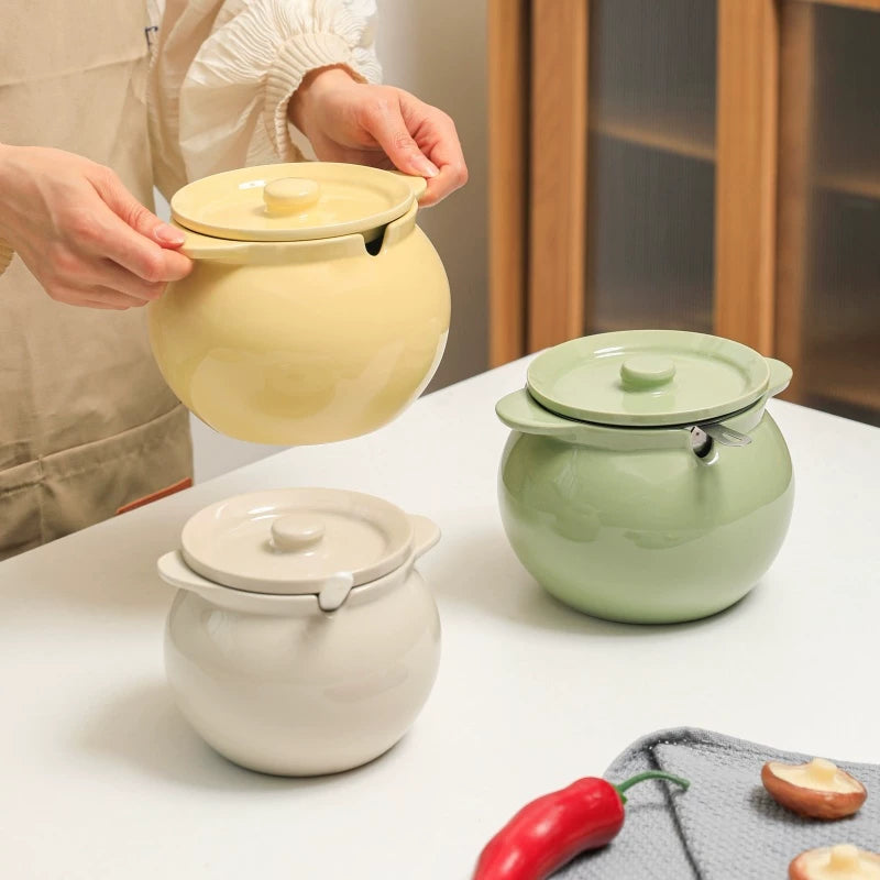 Food Grade Ceramic Lard Container with Lid and Spoon, High Temperature Resistant Oil Pot for Home Kitchen