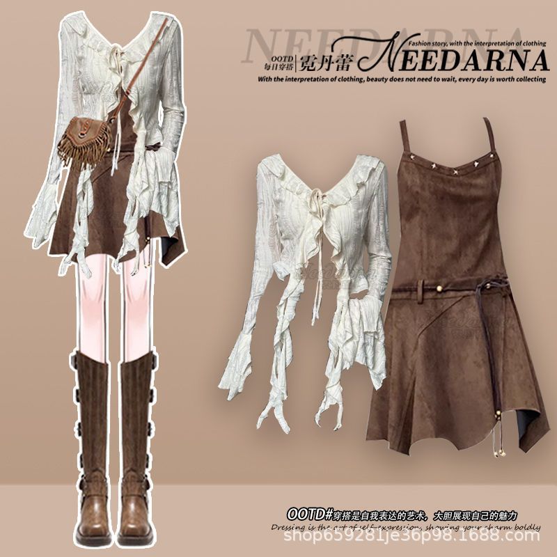 Women's Vintage Long Sleeve Top & Wasteland Style Dress Two-Piece Set