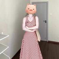 Vintage Plaid Halter Neck Dress for Petite Women, Slimming Beach Vacation Outfit