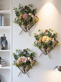 Nordic Style Artificial Dahlia Flower Wall Decor with Iron Grid for Living Room Entrance