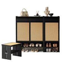 Rattan Woven Solid Wood Shoe Cabinet with Storage for Entryway
