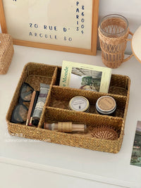 Handwoven Straw Divided Storage Basket for Desk and Tabletop Organization