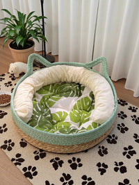 Handwoven Rattan Cat Bed with Scratching Board, All-Season Removable Washable Pet Nest