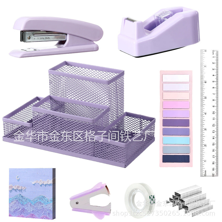 Macaron Color Desktop Office Stationery Set with Metal Pen Holder, Stapler, and Tape Dispenser