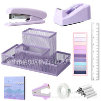 Macaron Color Desktop Office Stationery Set with Metal Pen Holder, Stapler, and Tape Dispenser