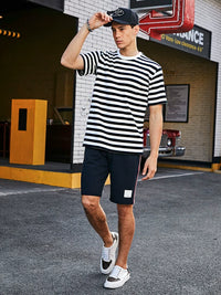 Unisex Color Block Stripe Sailor T-Shirt Pure Cotton Short Sleeve Round Neck Loose Top