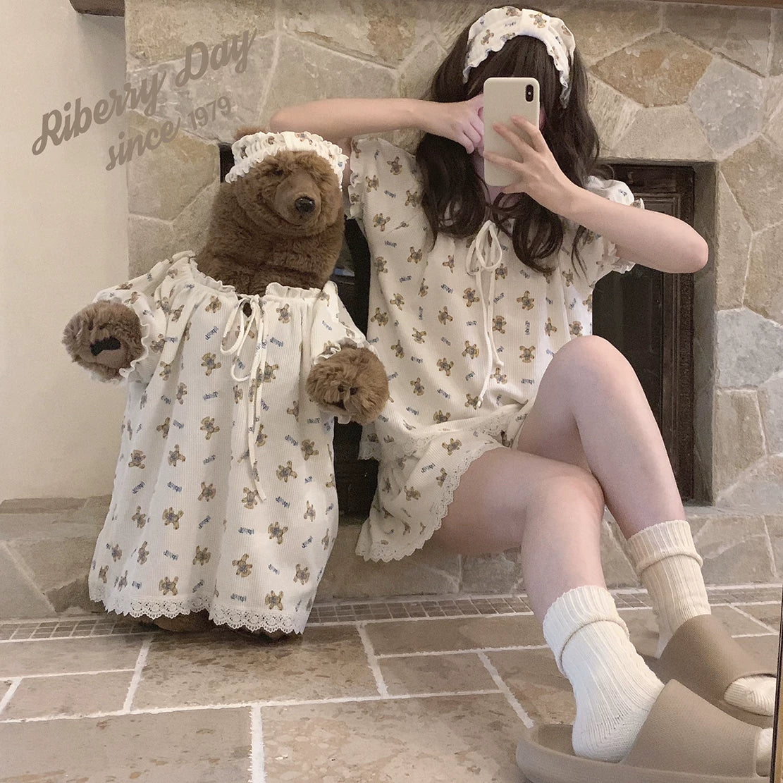 Vintage Waffle Knit Bear Bow Lace Trim Pajama Set with Headband for Girls