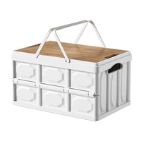 Outdoor Camping Foldable Storage Box with Wooden Lid, Large Capacity Portable Trunk Organizer