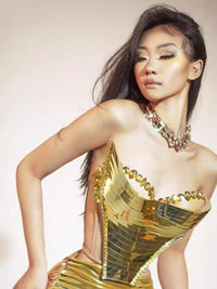 Rhinestone Mirror Two-Piece Set: Low-Cut Top & Mini Skirt for Party & Stage
