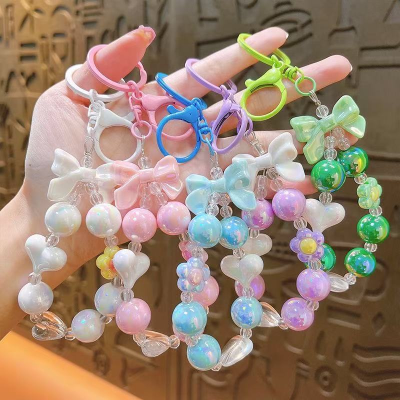 Creative Candy Color Beaded Keychain with Bow and Heart Charm for Bags