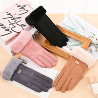 Women's Suede Touchscreen Gloves with Faux Rabbit Fur Cuff, Thickened Warm Winter Gloves
