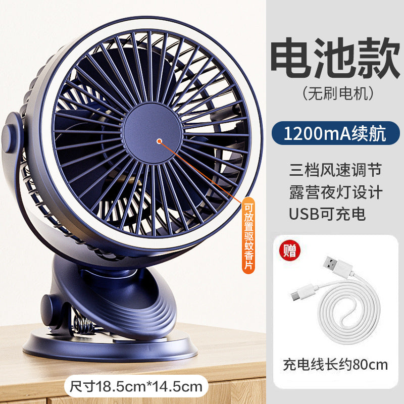 Portable USB Clip-on Fan with LED Light, Quiet Operation for Outdoor Camping, Stroller, and Desktop Use