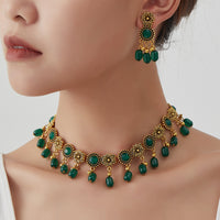 Bohemian Floral Tassel Necklace & Earrings Set with Rhinestones