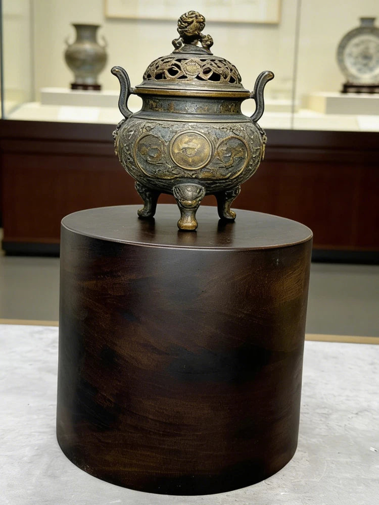 Solid Wood Cylindrical Display Stand for Vases and Crafts, Walnut Finish