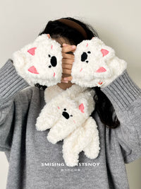 Cute Cartoon Plush Westie Dog / Cat Scarf & Gloves Set for Women, Thickened Warm Winter Accessories